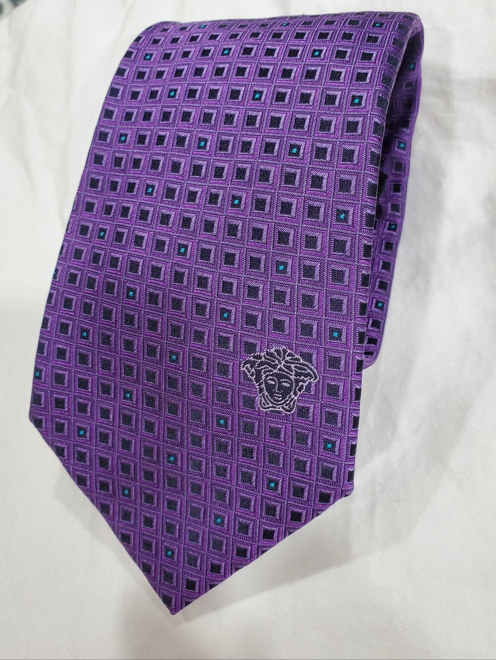Gianni Versace Purple Geometric Medusa Silk Tie Italy